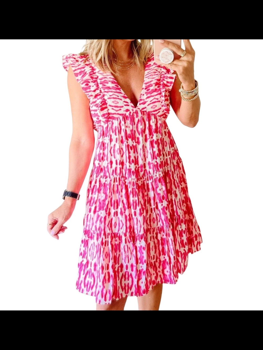 AQUA Pink White Ikat Print Tiered Mini Dress Ruffle Sleeve V-Neck Size M - Picture 2 of 12